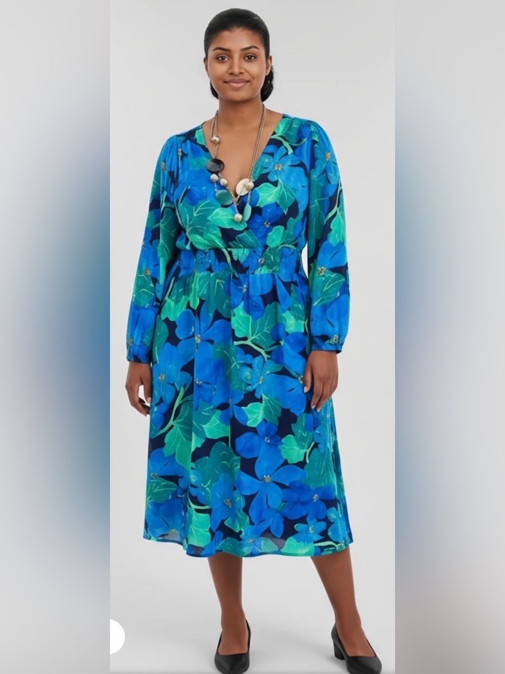 Maggy London Blue and Teal Floral Long Sleeve V-Neck Smocked Waist Dress Size 14